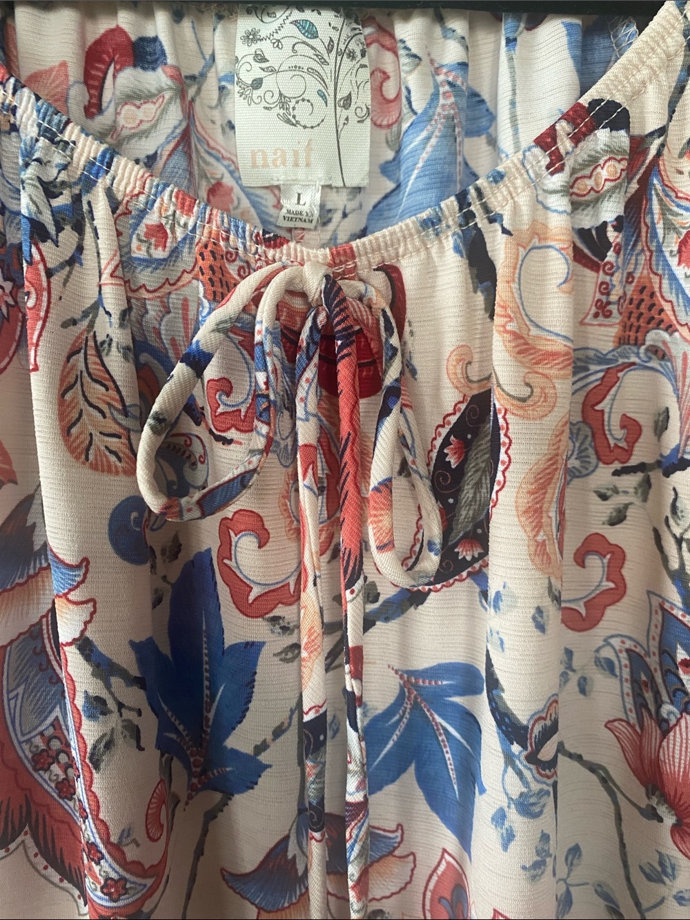 NAIF Tunic Light Pink Blue Red Coral Floral & Paisley Tie-Neck Split Sleeve Sz L - Picture 2 of 11
